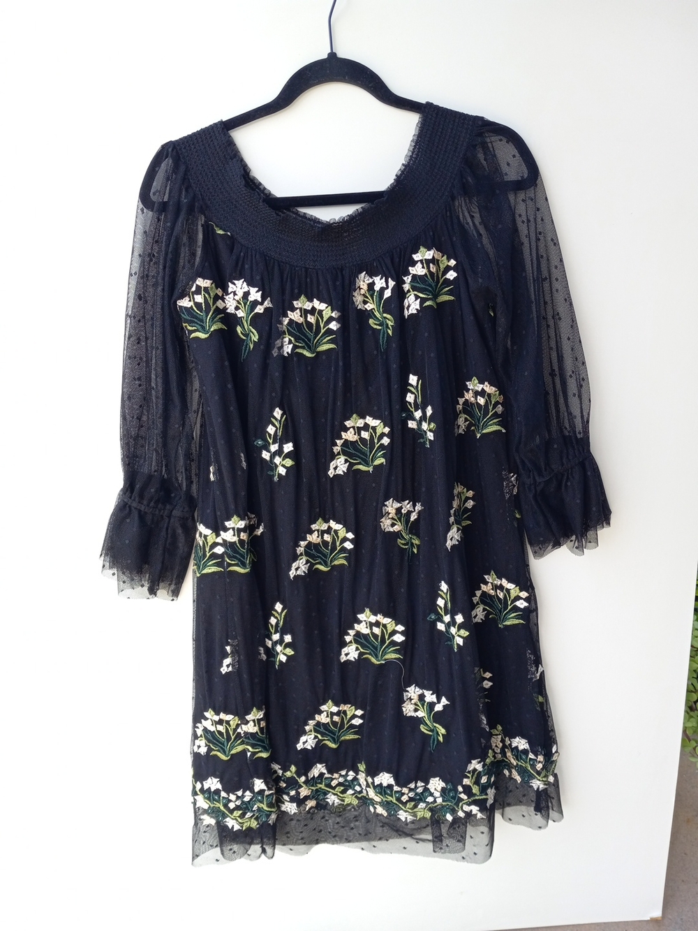 Lucy Paris Black Floral Mesh Dress with White & Green Embroidery Size L NWT
